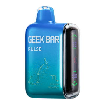 Alt text: A close-up image of the Scorpio Blue Mint Flavor Geek Bar Pulse Vape Zodiac Edition, a sleek and modern vaping device in a vibrant blue color, with mint flavor packaging and zodiac symbols