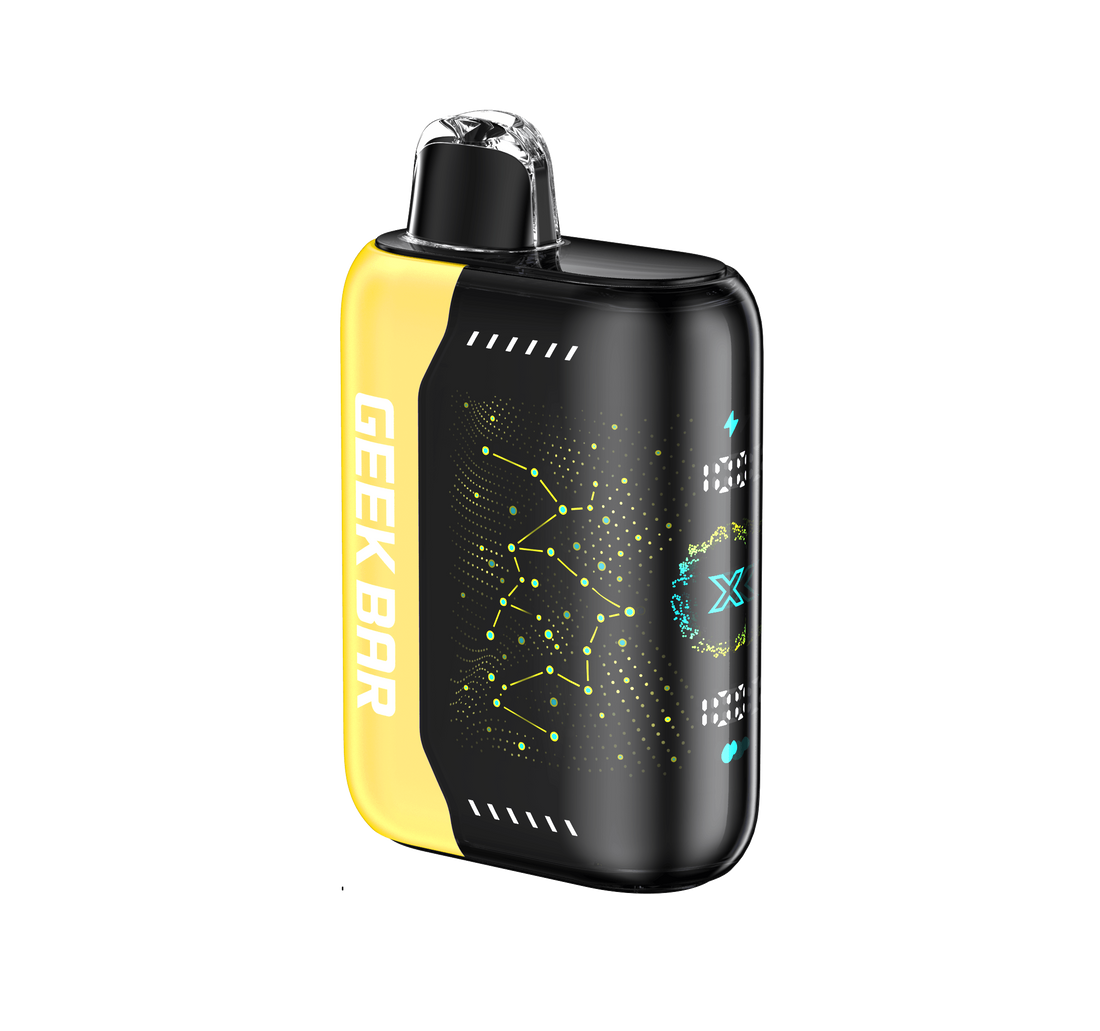 Close-up of Banana Taffy Freeze Flavor Geek Bar Pulse X Vape 25000 Puffs Disposable with colorful packaging and sleek design 