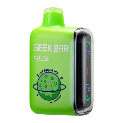 Close-up of Sour Apple Ice Geek Bar Pulse Vape Flavor, a refreshing and tangy e-cigarette with a cool menthol finish