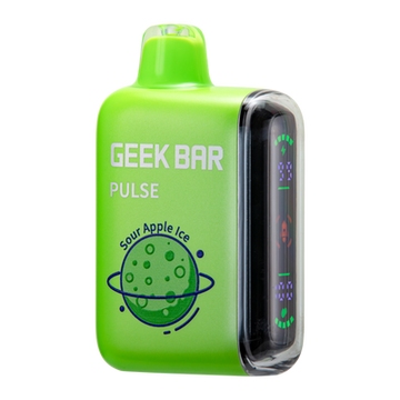 Close-up of Sour Apple Ice Geek Bar Pulse Vape Flavor, a refreshing and tangy e-cigarette with a cool menthol finish