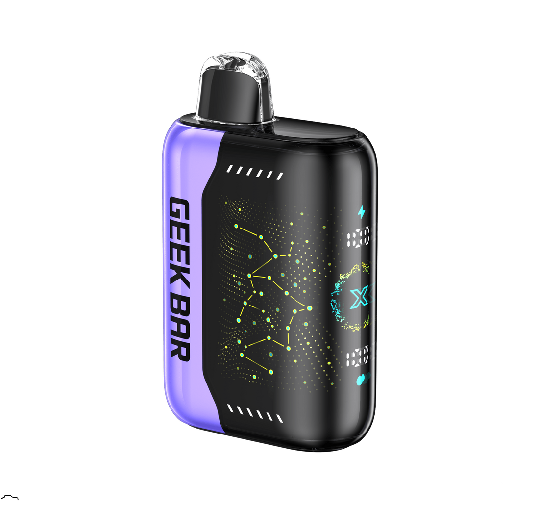  Hand holding Banana Taffy Freeze Flavor Geek Bar Pulse X Vape 25000 Puffs Disposable against a vibrant background, showcasing its convenience and flavor