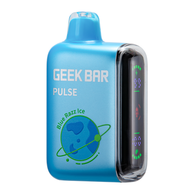 Close-up of Blue Razz Ice Geek Bar Pulse Vape Flavor product packaging and design with vibrant blue and purple colors, perfect for satisfying your sweet tooth and icy cravings