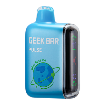 Close-up of Blue Razz Ice Geek Bar Pulse Vape Flavor product packaging and design with vibrant blue and purple colors, perfect for satisfying your sweet tooth and icy cravings