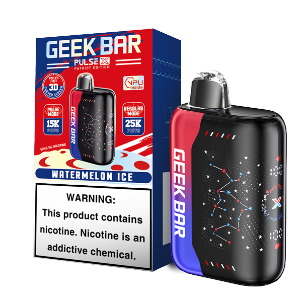 Patriot Edition Watermelon Ice Flavor Geek Bar Pulse X Vape 25000 Puffs Disposable with sleek design and long-lasting battery 