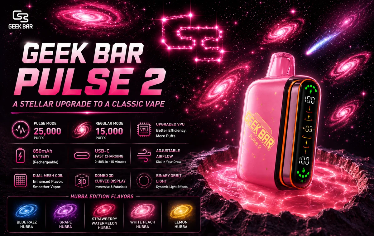 Geek Bar Pulse 2 25K Hubba flavor series — Blue Razz, Grape, Lemon, Strawberry Watermelon and White Peach Hubba